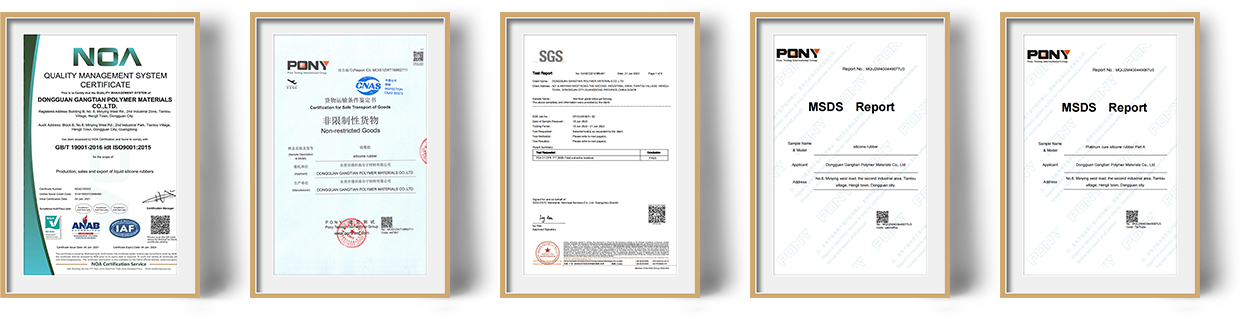 Colección de certificaciones para materiales de caucho de silicona líquida.